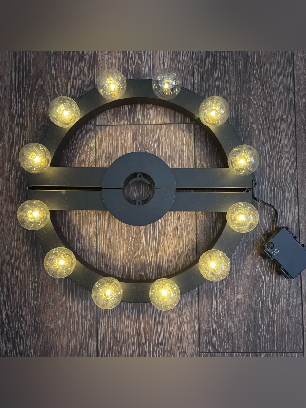 Crate&Barrel Black Ring Wreath with Warm White Globe Lights